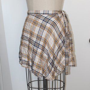 ALTARD STATE NAVY, YELLOW & WHITE PLAID WRAP MINI SKIRT SIXE XS NEW WITH TAGS